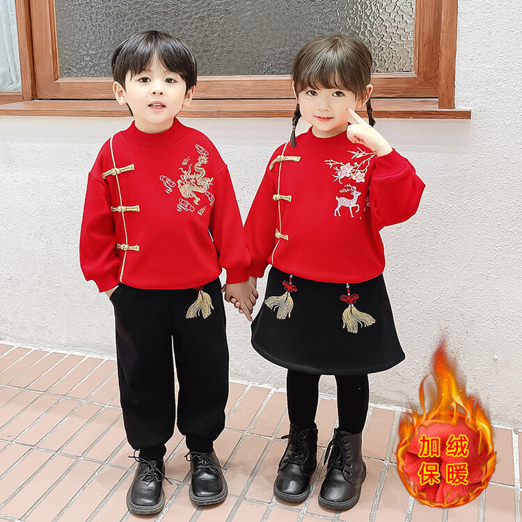 【小扬哥推荐】儿童年服套装冬装新款男女童表演服加绒加厚红色拜