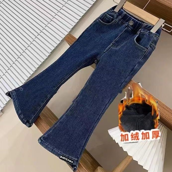 女童2023冬新品女中大童百搭修身水洗牛仔裤一体绒喇叭裤长裤