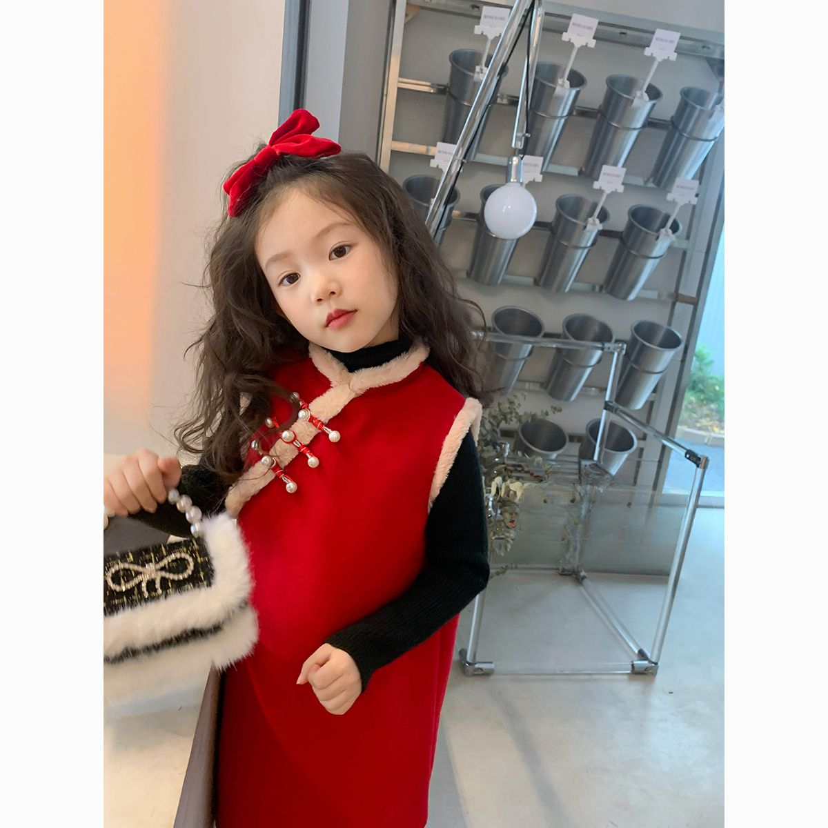 女童拜年服2023兔年中式旗袍加绒背心裙圣诞节连衣裙新年儿童国风