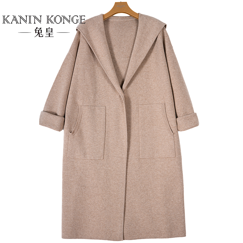 兔皇【月之余温】纯山羊绒带帽时尚空气层加长款外套ZBTH202170