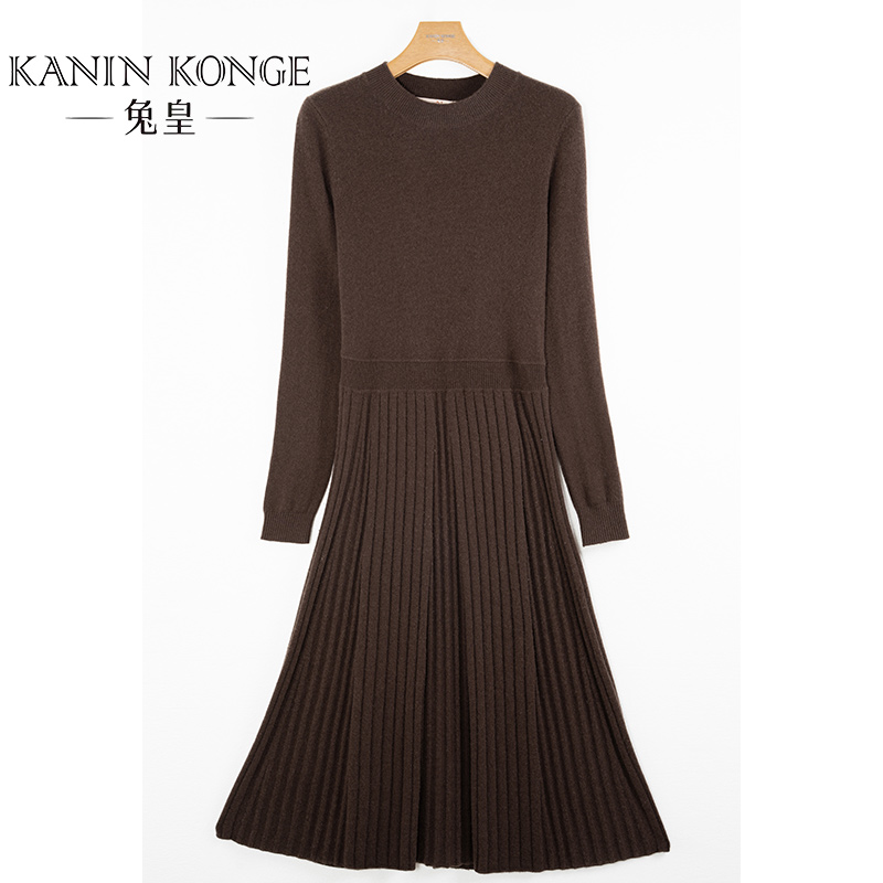 兔皇【必备one piece】显瘦纯山羊绒圆领气质百褶连衣裙ZBTH222378