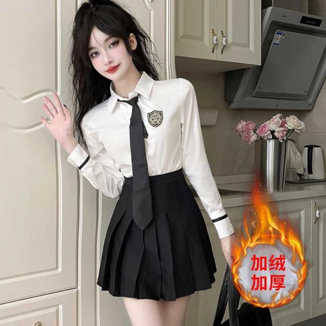 英伦冬季加绒减龄学院风白色长袖衬衣百褶裙jk制服两件套