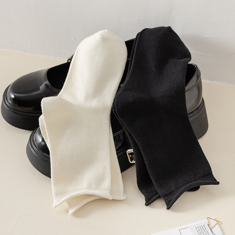 4双卷边jk中筒棉袜夏女生搭配小皮鞋黑色长袜纯色简约松口月子袜