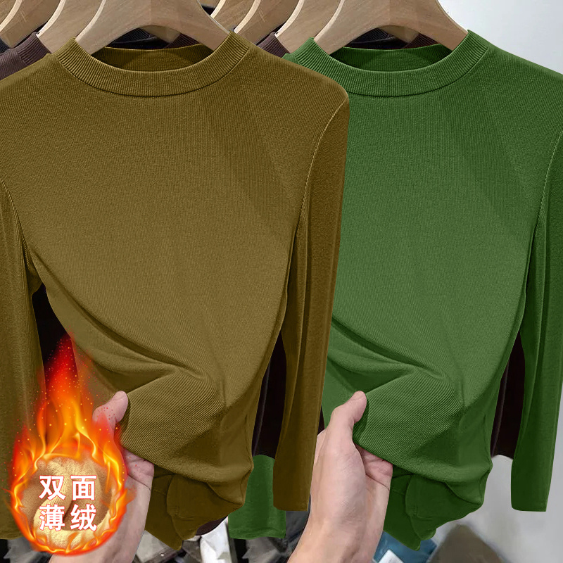 1/2件螺纹薄款磨绒2023新款秋冬装打底衫女洋气显瘦内搭长袖t恤女