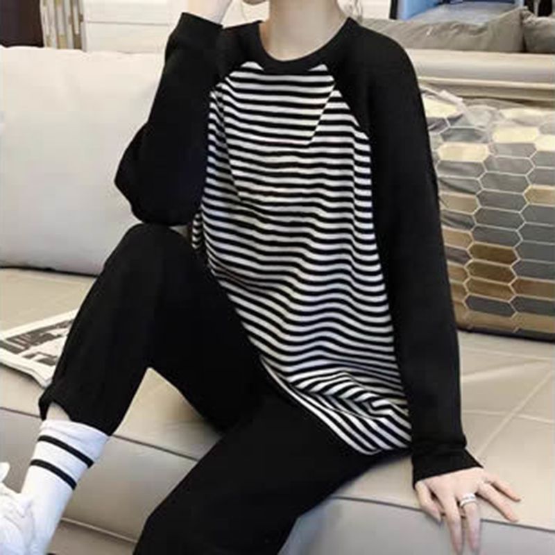 秋季新款韩版休闲减龄百搭上衣时尚宽松设计休闲小众条纹t恤女