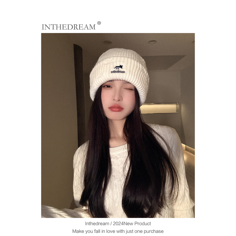 2025秋冬保暖加厚小狐狸刺绣防风骑行针织帽子女网红套头冷帽毛线