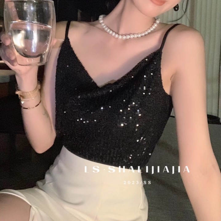 亮片吊带背心女气质纯欲V领高级感小众性感内搭上衣名媛网红辣妹