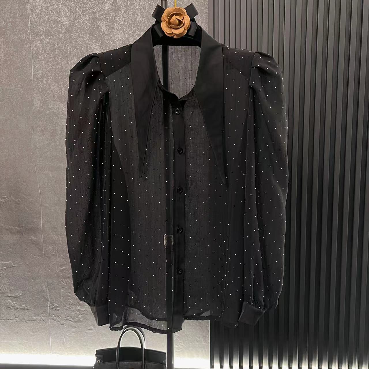 重工烫钻衬衫气质长袖尖尖领轻奢百搭衬衣网红拼接黑色潮流秋季