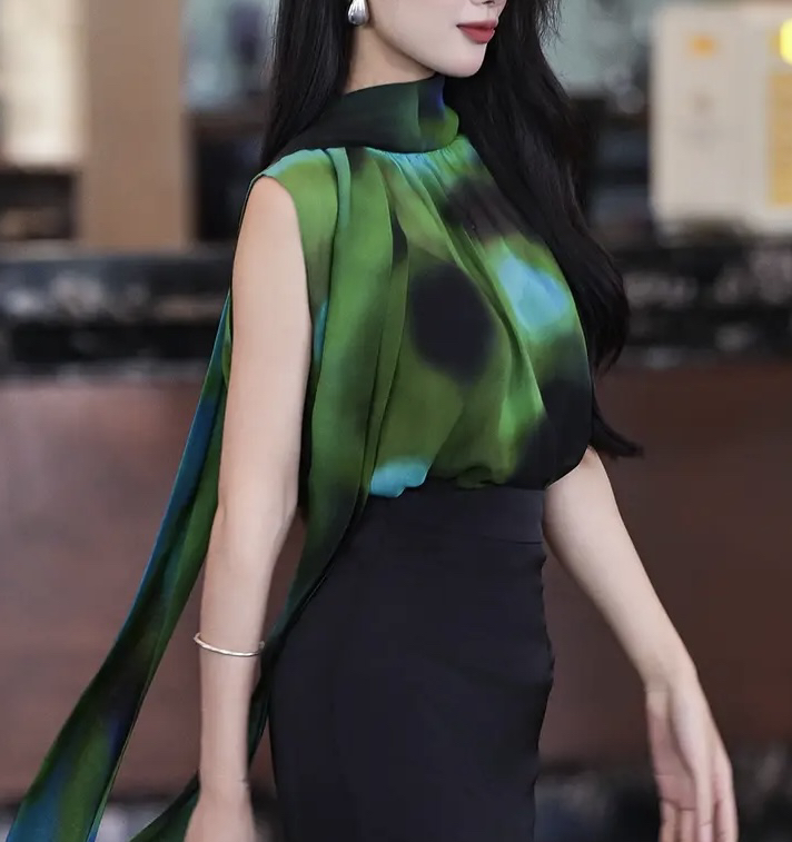 夏季水墨晕染上衣气质时尚显瘦洋气绿色设计感小众名媛