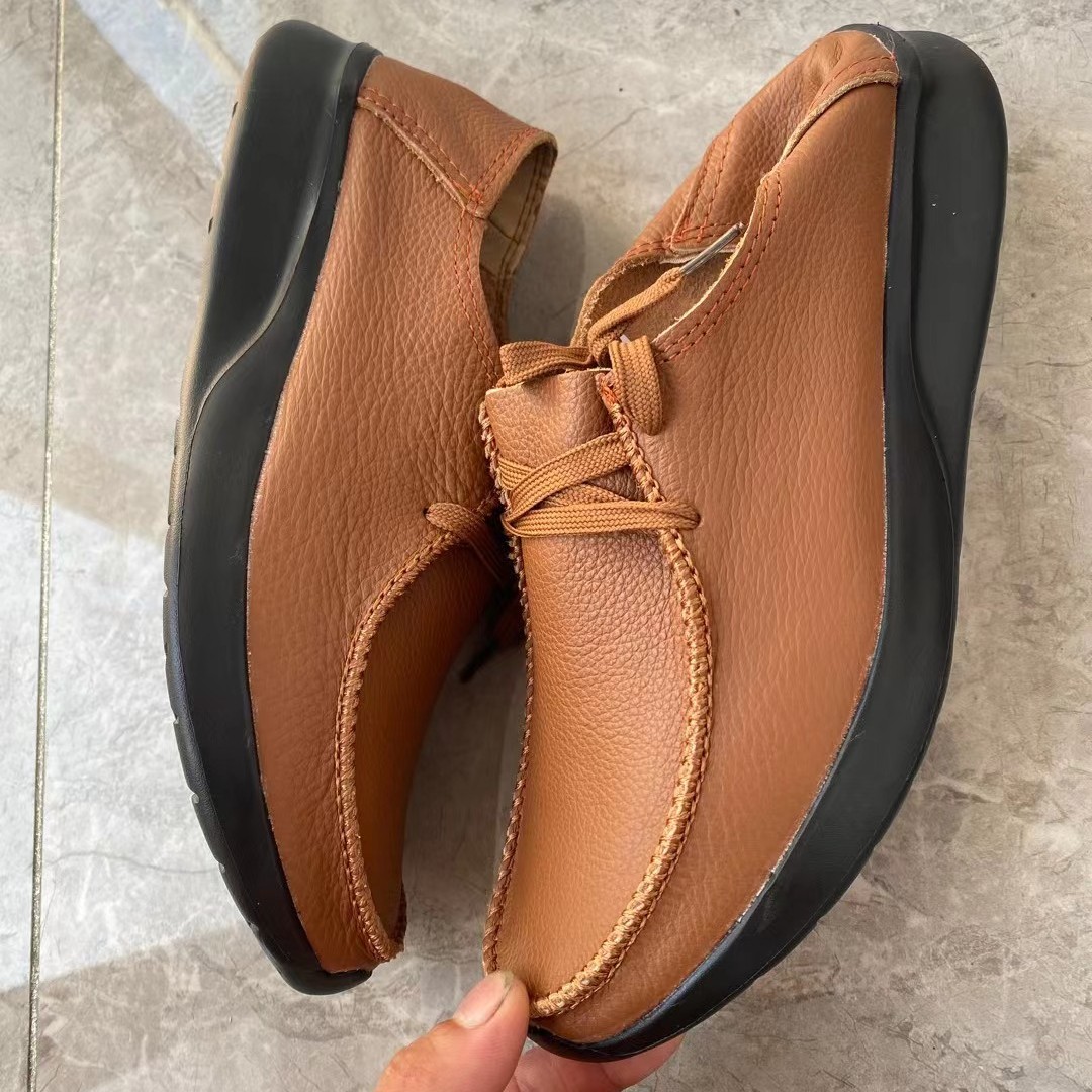 男士头层牛皮健步鞋透气轻便舒适皮鞋纯皮休闲鞋棕色系带休闲鞋