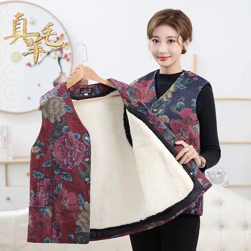 秋冬中老年花色羊皮毛马甲加厚女士背心皮毛一体内胆拆卸马夹复古