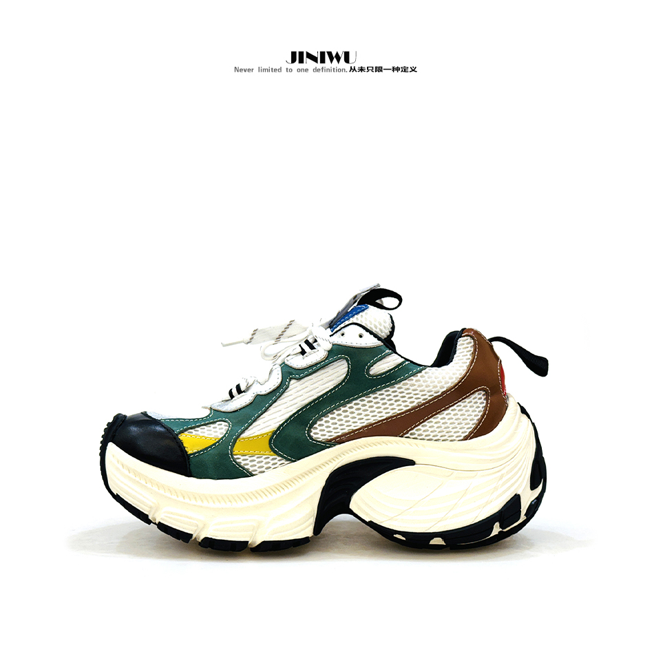 JINIWU2025撞色老爹鞋黑绿黄增高牛皮原创8CM潮爆时装休闲运动鞋