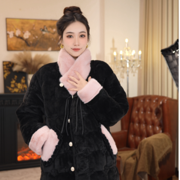 【胭脂粉长袍】2025冬季新款睡衣女家居服套装夹棉加厚可外穿绒时尚