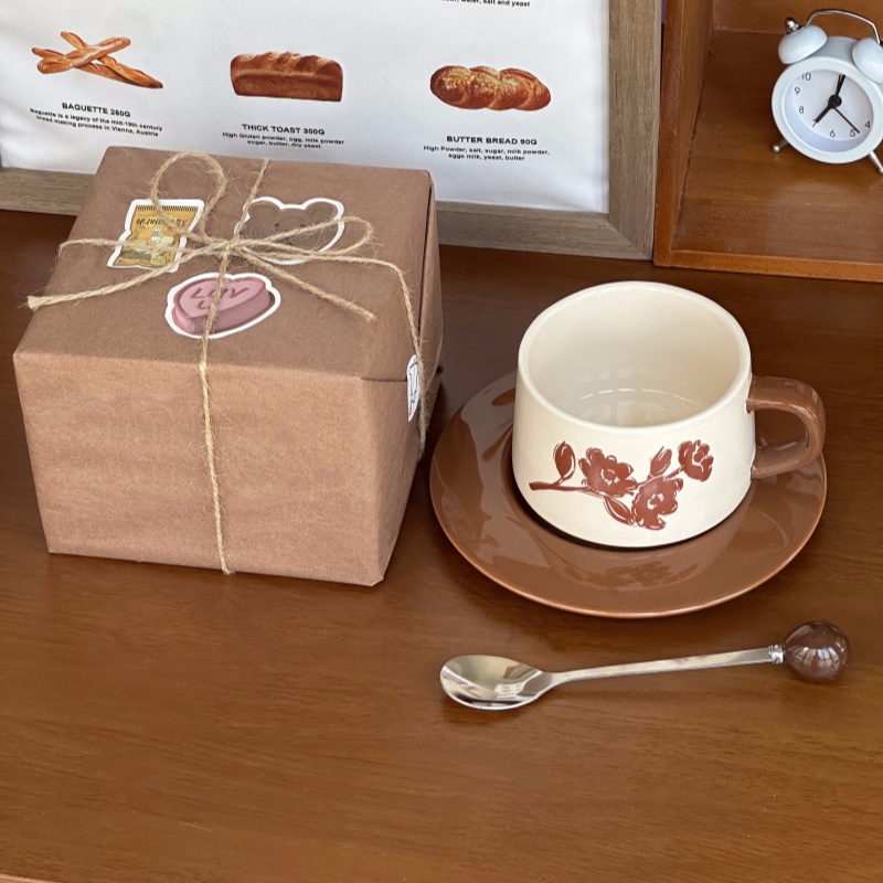 复古小众百合花咖啡杯碟套装陶瓷拿铁杯下午茶杯伴手礼盒生日礼物