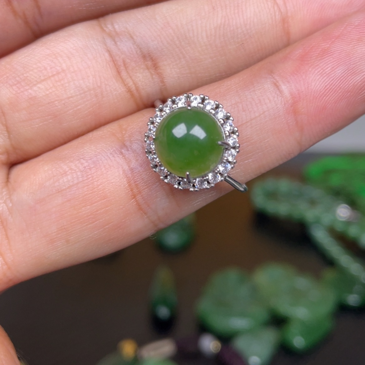 【闪购商品】和田玉（碧玉）戒指银S925镶嵌M*?