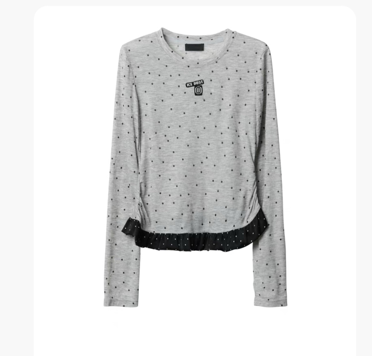 【现货】IC24秋冬新款 波点撞色荷叶边圆领修身长袖T恤上衣女士