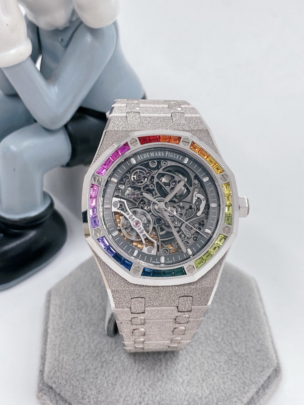 99新 AIPE/爱彼 15412bc白金霜金镂空彩虹宝石 