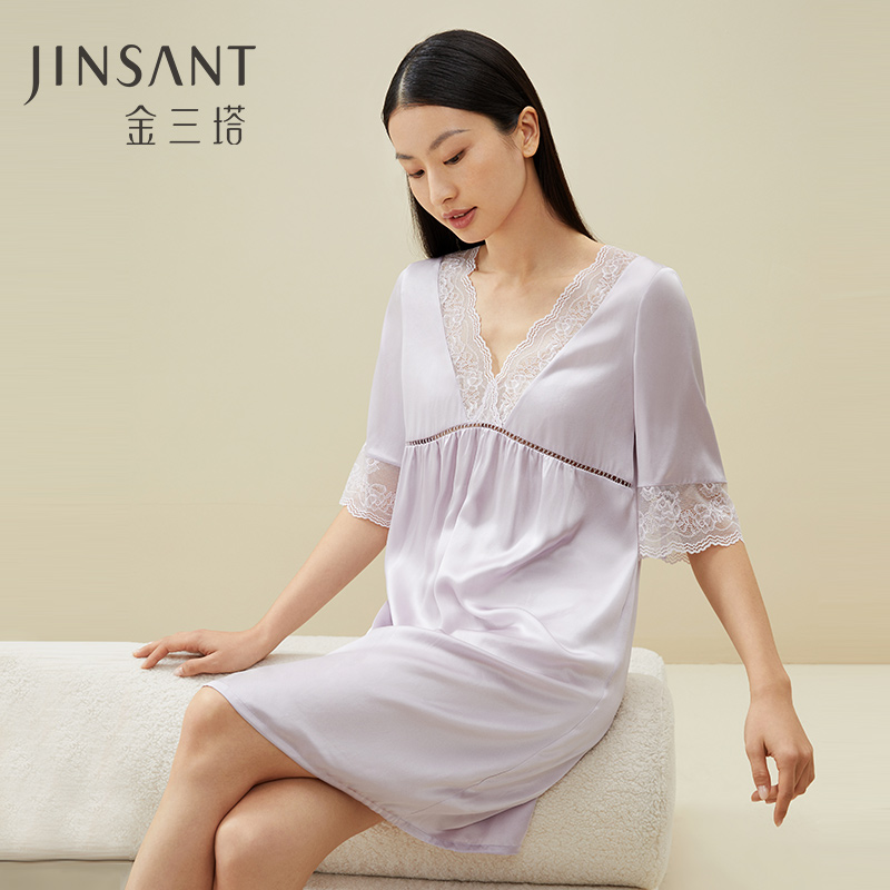 【金三塔官方】100%蚕丝睡裙女真丝纯色甜美性感显瘦中长款透气睡衣