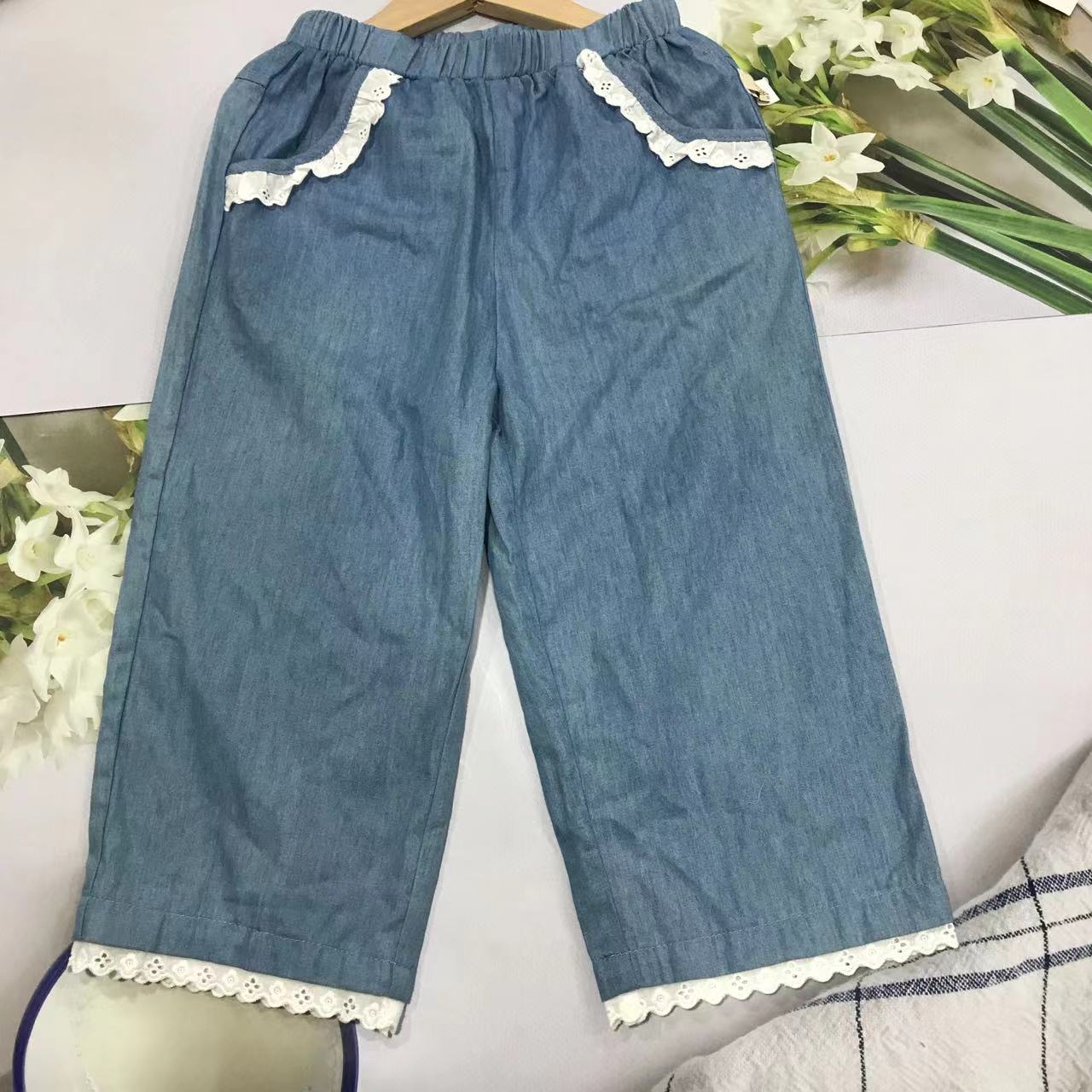 女童花边牛仔七分裤夏季纯棉透气软牛仔宽松阔腿裤2223