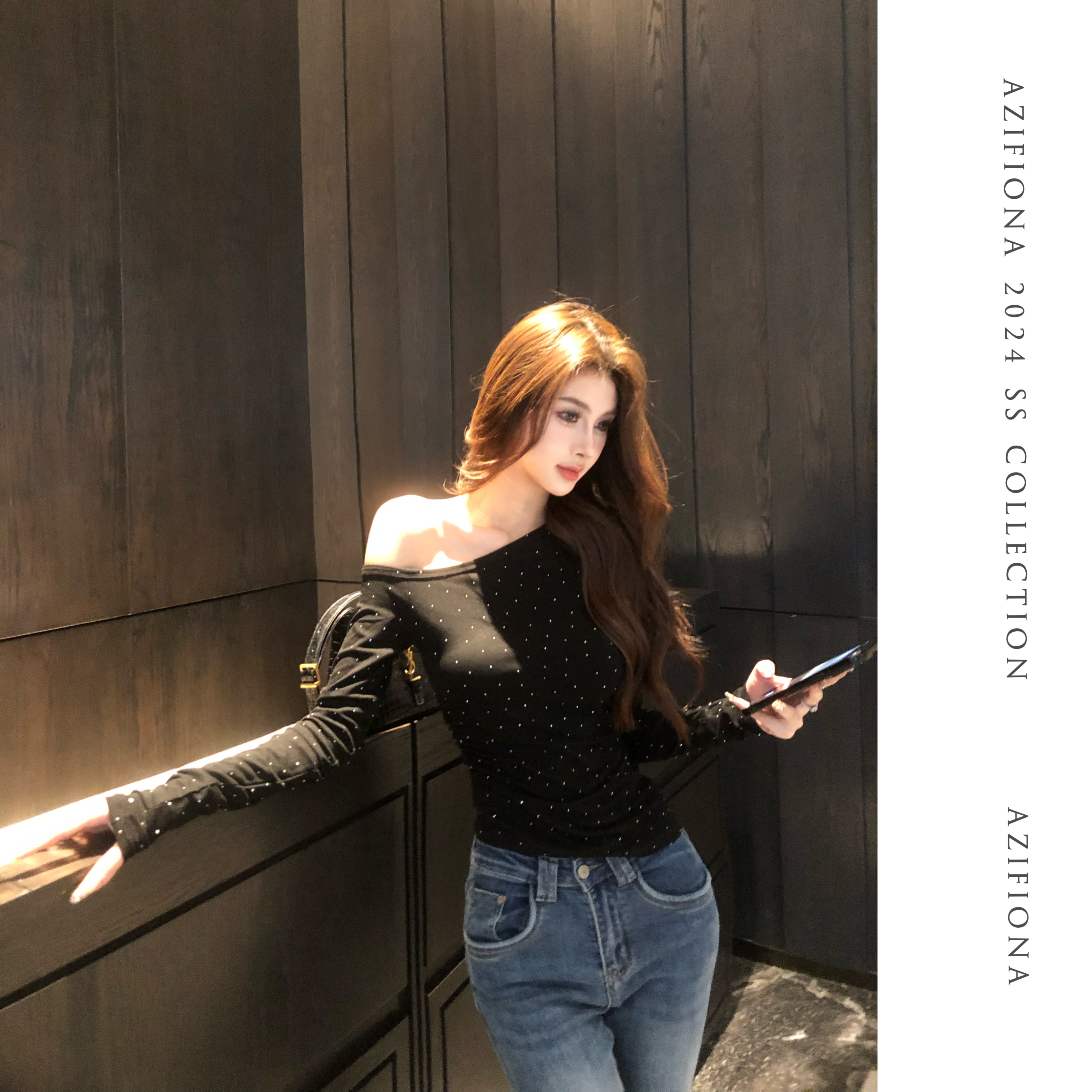 迈沃格气质美式复古辣妹风烫钻斜肩设计感长袖T恤显瘦黑色修身