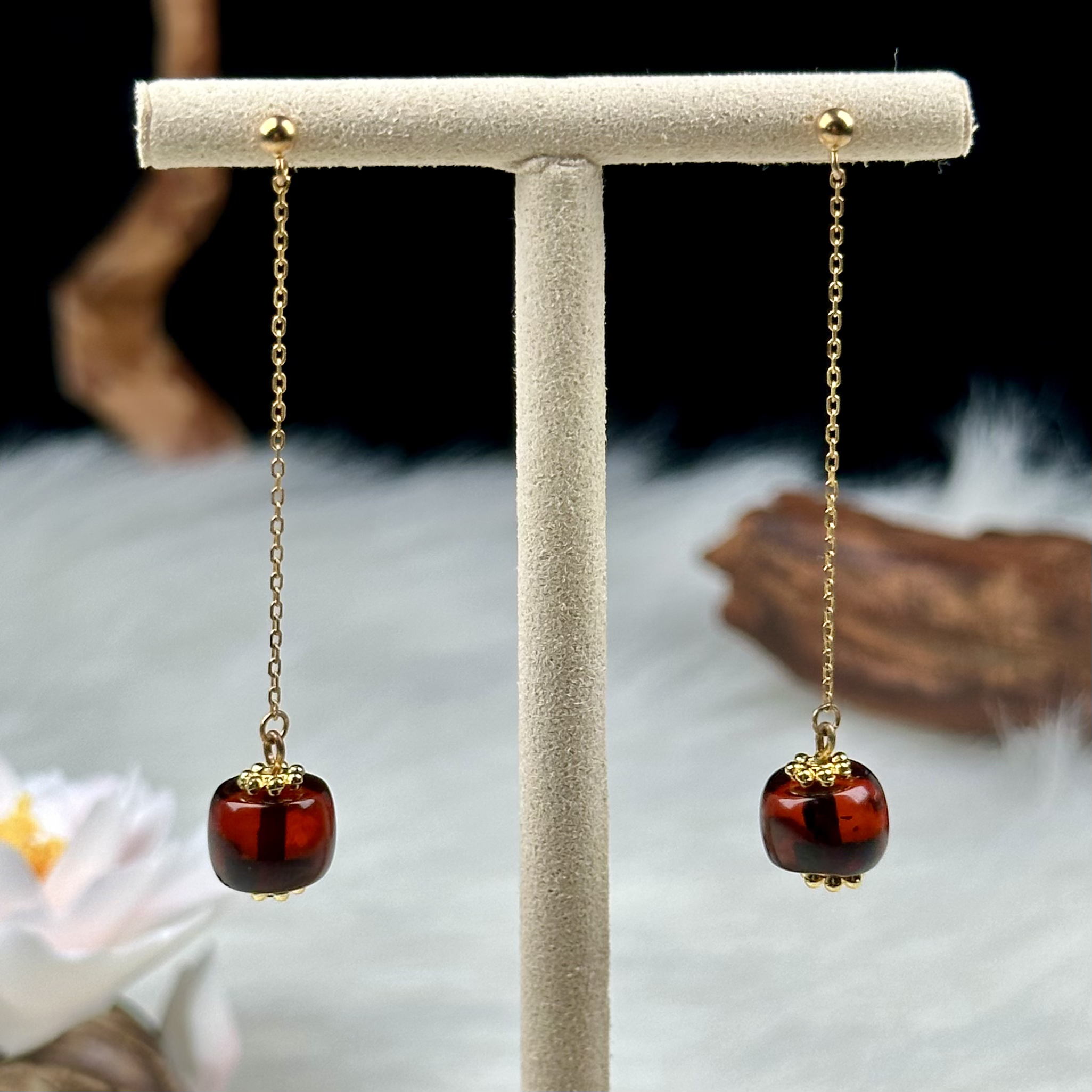 佳璐珠宝天然缅甸血珀耳线老型珠算盘珠气质时尚红色百搭简约长款