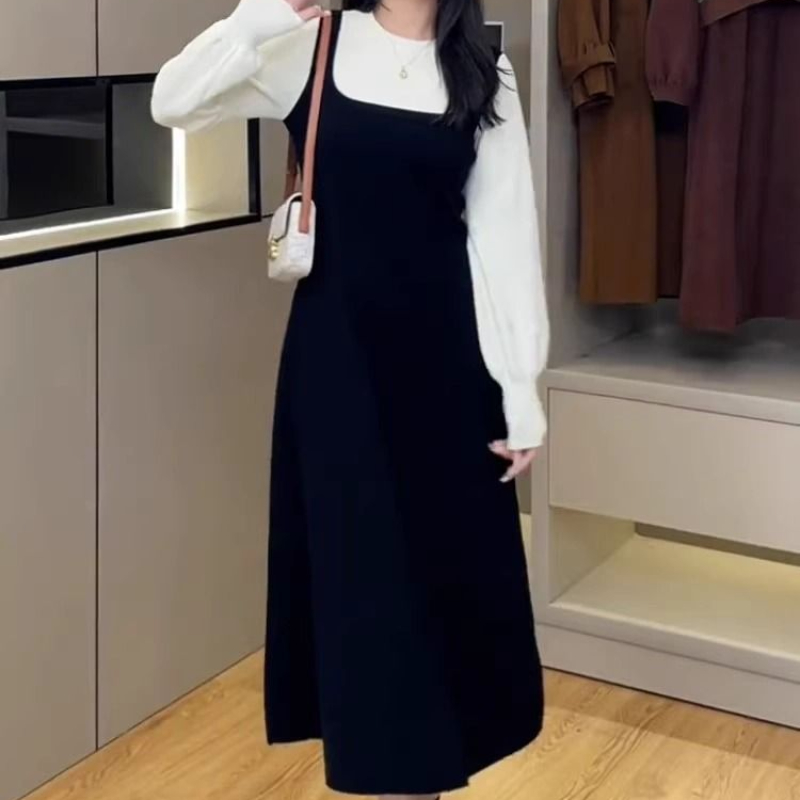 大码女装圆领假两件垂感内搭针织连衣裙秋冬微胖mm显瘦打底长裙子