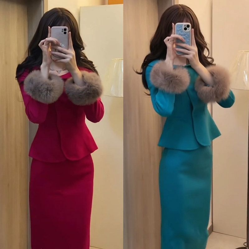 秋冬时尚新款春节穿搭套装可爱时髦毛毛袖外套高腰半身裙两件套女