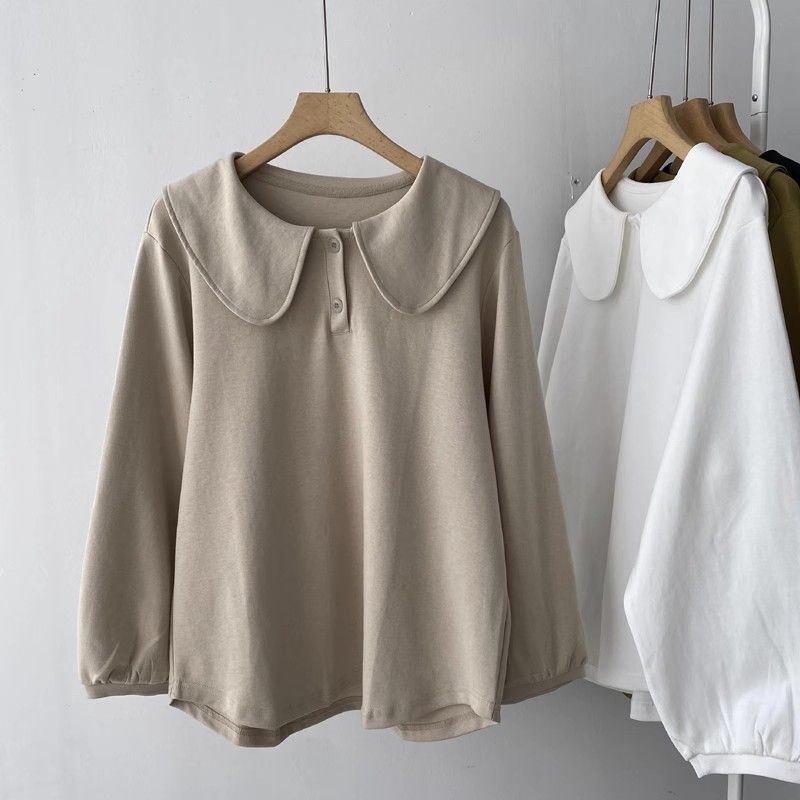 ins风新款杏色早秋上衣女复古长袖套头娃娃领卫衣百搭文艺打底衫