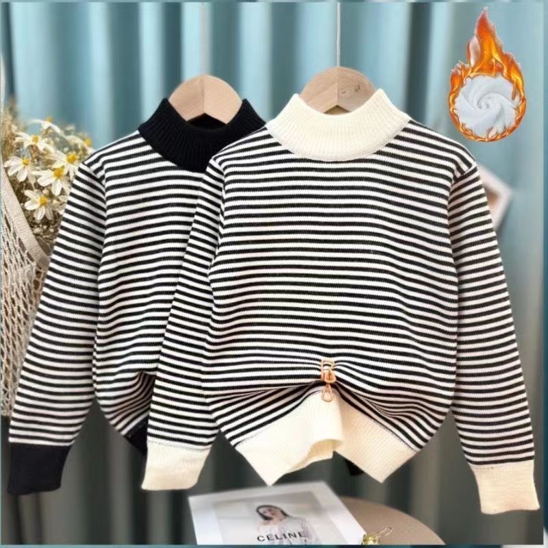 男童毛衣套头加绒秋冬款中大童洋气男孩儿童一体绒条纹针织打底衫