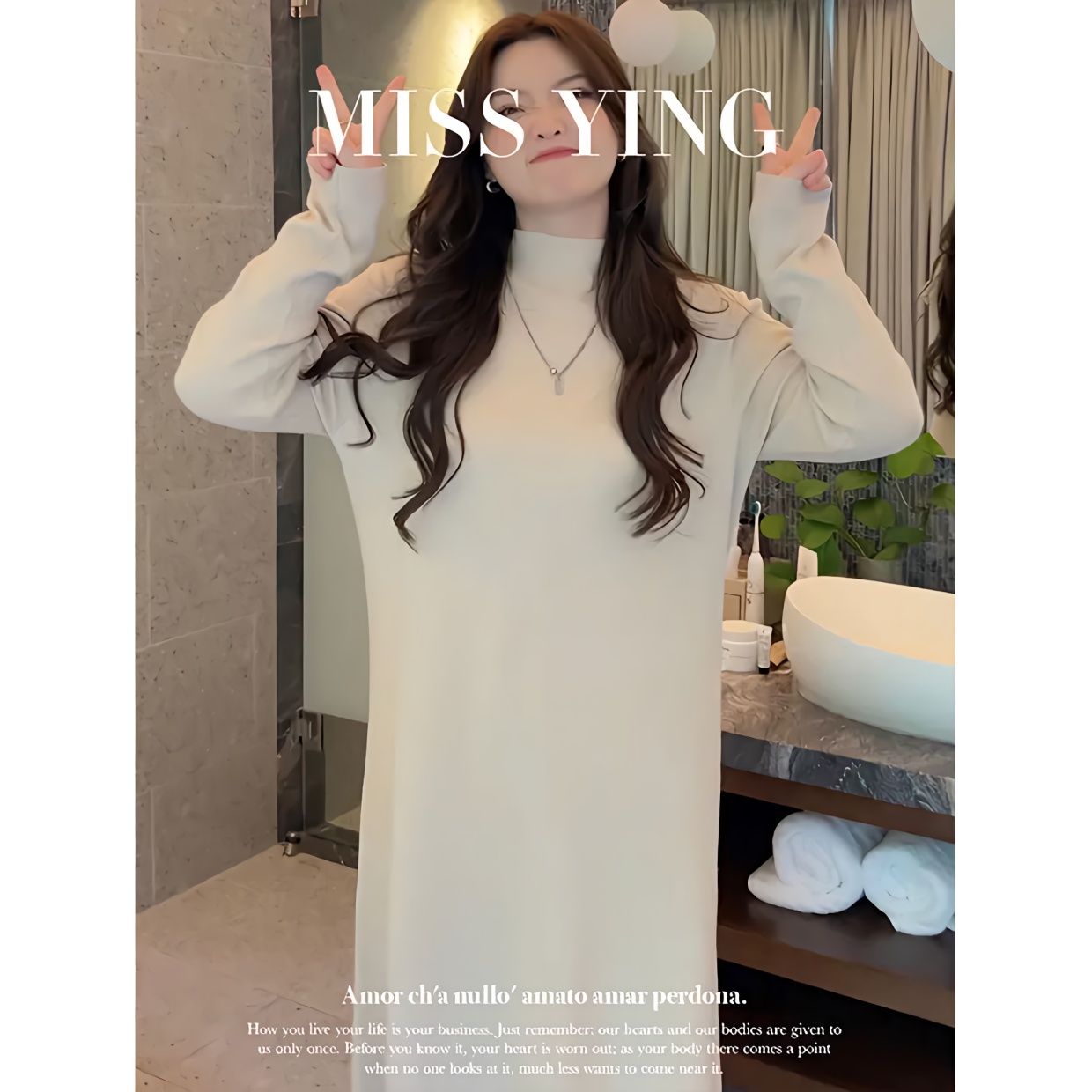 应小姐【恋综女主】秋冬大码显瘦针织长袖色半高领长款连衣裙女