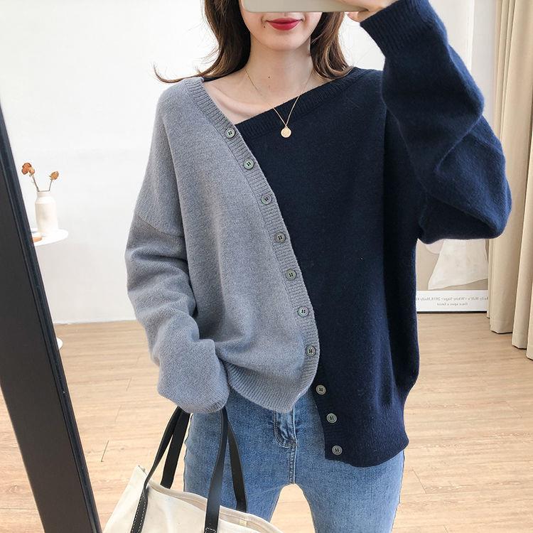 韩版洋气宽松显瘦慵懒风潮妈毛衣不规则外穿长袖针织衫女