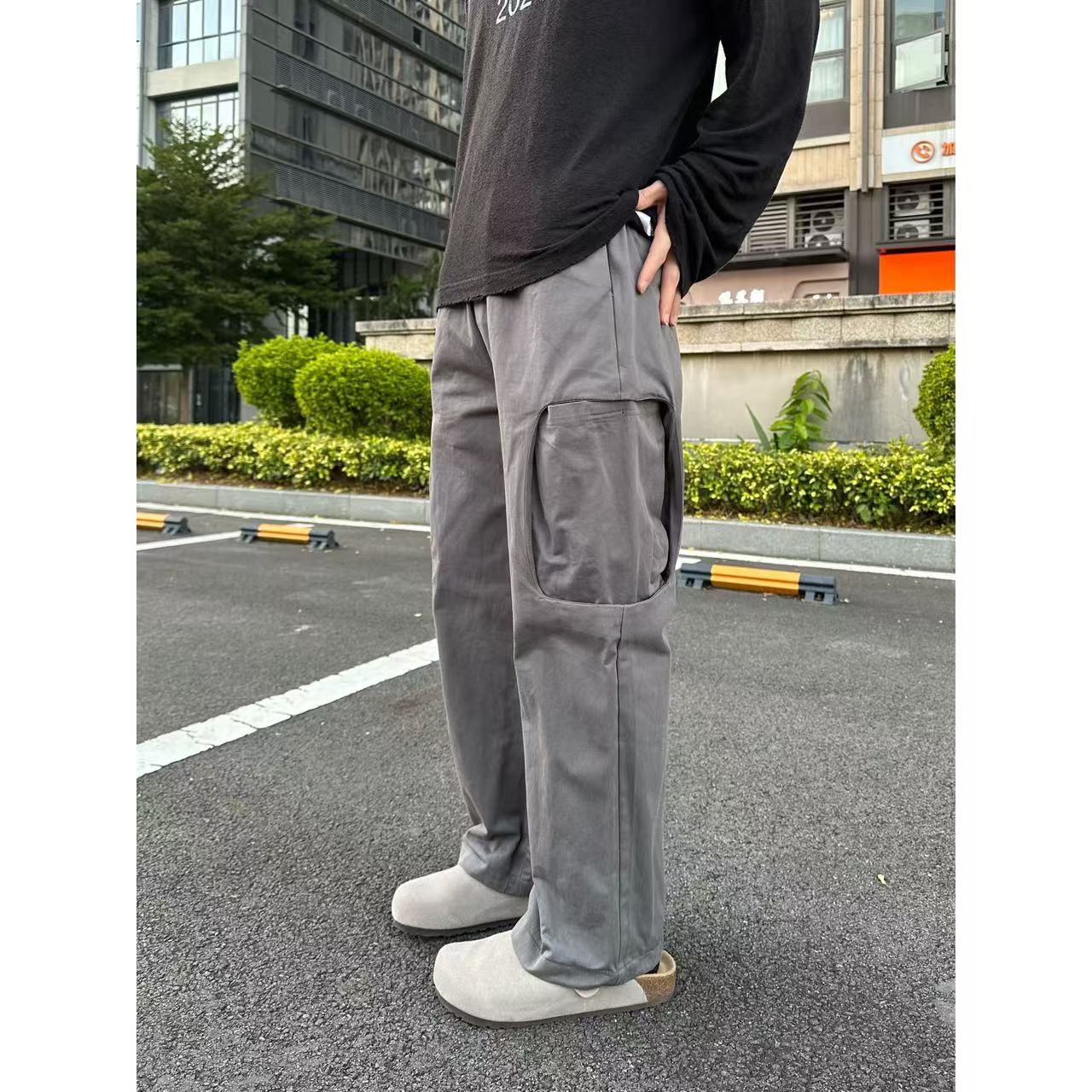 怪兽实验室美式立体口袋工装裤松紧腰简约直筒宽松休闲百搭长裤