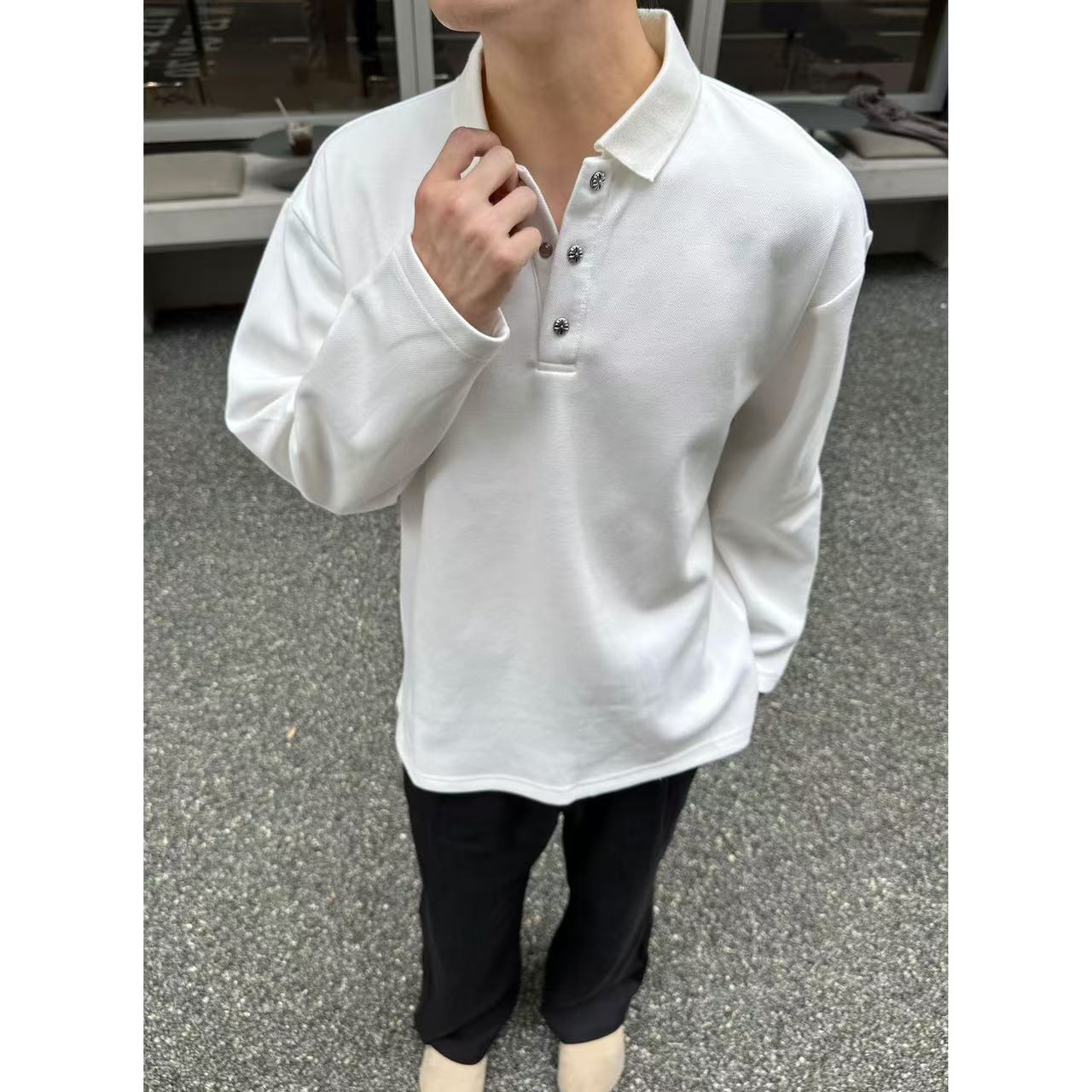 怪兽实验室秋季新款polo领简约休闲百搭纽扣设计感针织长袖上衣