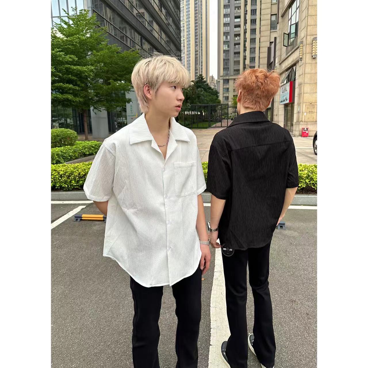 怪兽实验室夏季美式潮流复古休闲肌理感设计古巴领纯色简约衬衫