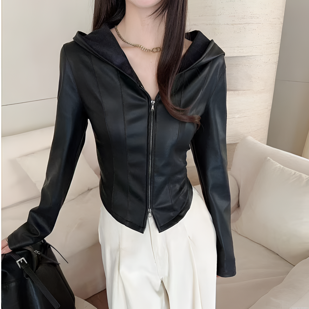 2024新款复古小众款显瘦短款高级感时尚带帽长袖个性双拉链头皮衣