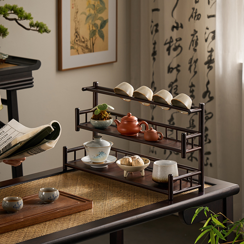 茶壶架子双层沥水晾杯托器具收纳置物摆放茶室竹制文玩小型博古架