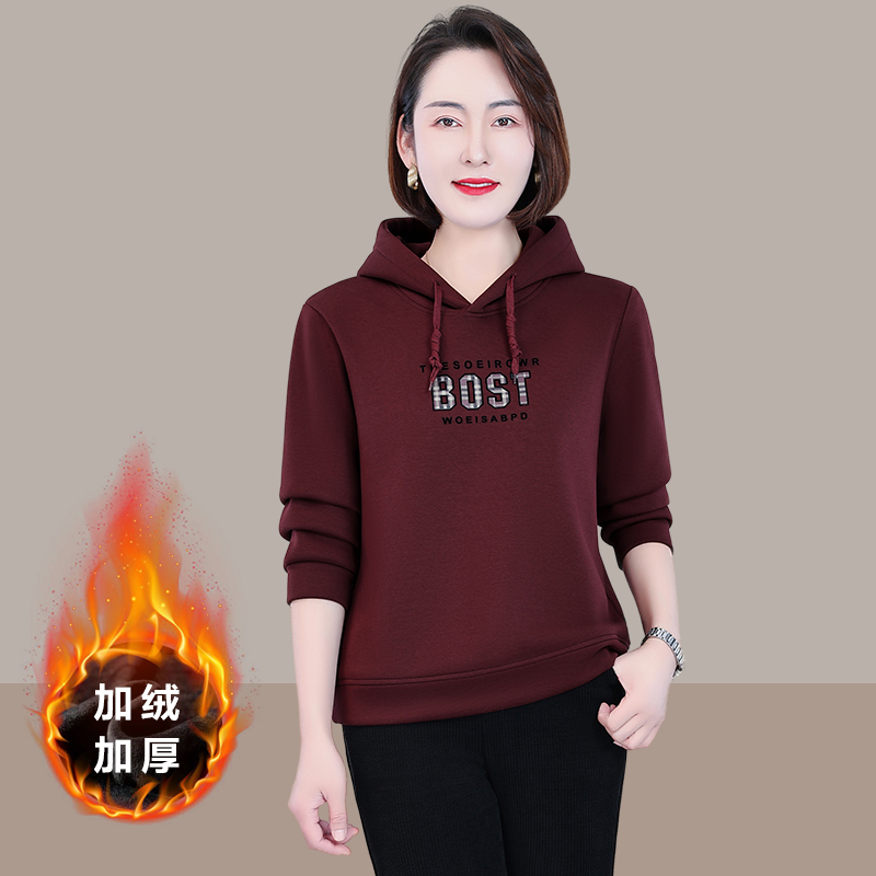 恩狐中老年女秋冬新款休闲连帽卫衣时尚减龄中年妈妈运动加绒卫衣