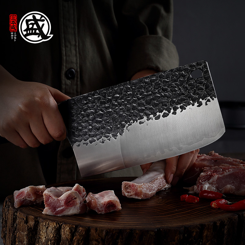 三本盛中式家用手工锻打锤纹菜刀斩切两用超快加厚切菜砍猪脚骨刀