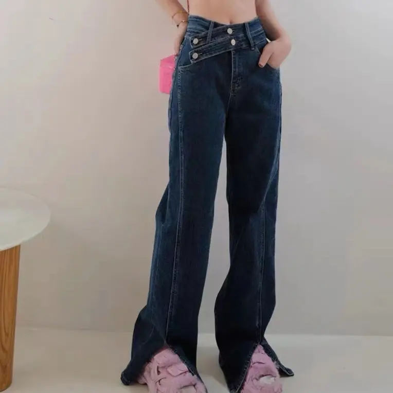 175高个子加长腿精制造器高腰直筒裤女春季设计感显瘦开叉牛仔裤