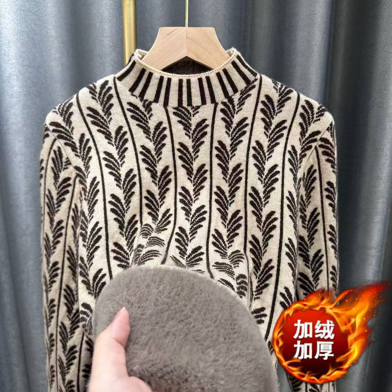 【加绒加厚】半高领麦穗竖条纹2025秋冬新款针织套头毛衣打底衫
