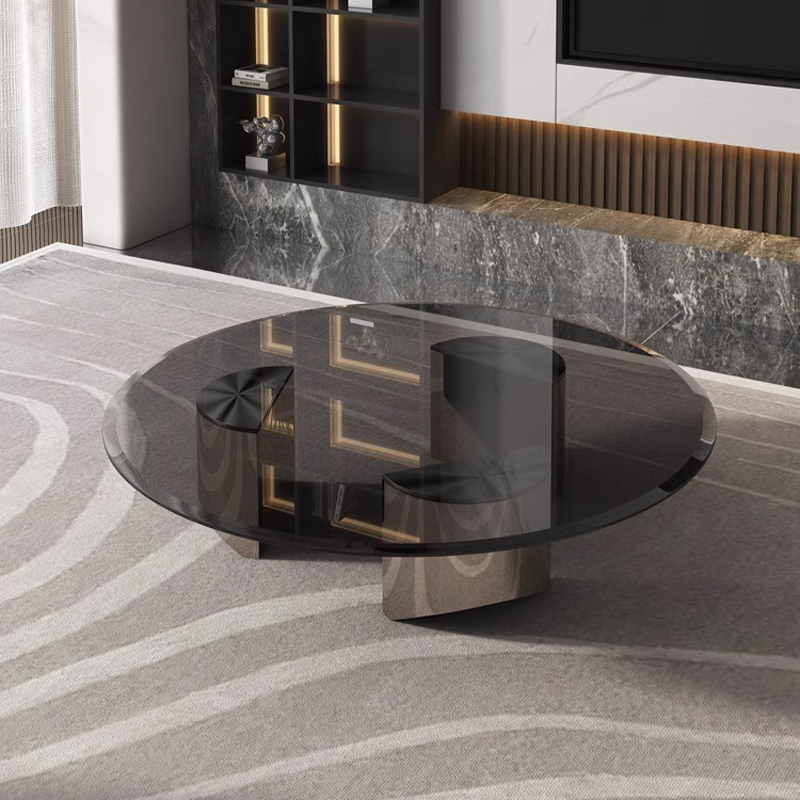 意式轻奢钢化玻璃茶几家用客户小户型网红圆形设计师玻璃悬浮茶几