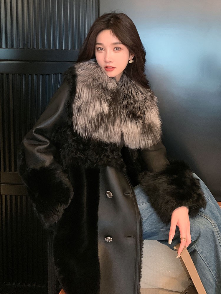 皮毛一体外套女2024新款韩系羊毛大衣狐狸毛领时尚显瘦中长款皮草