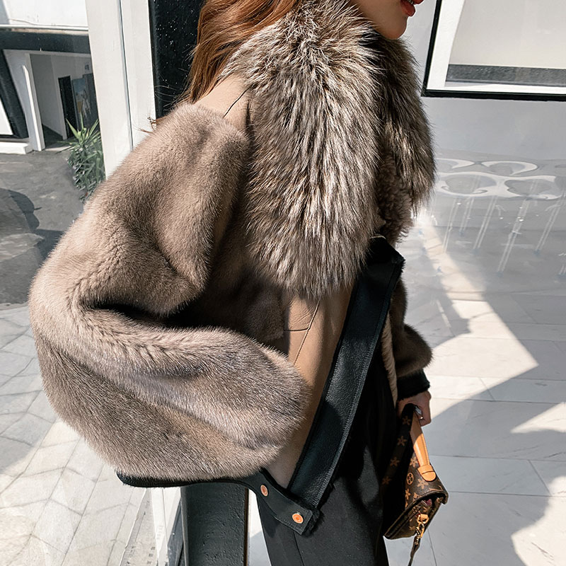 2024新款海宁皮毛一体女外套短款欧貂袖进口狐狸毛领皮草外套大衣