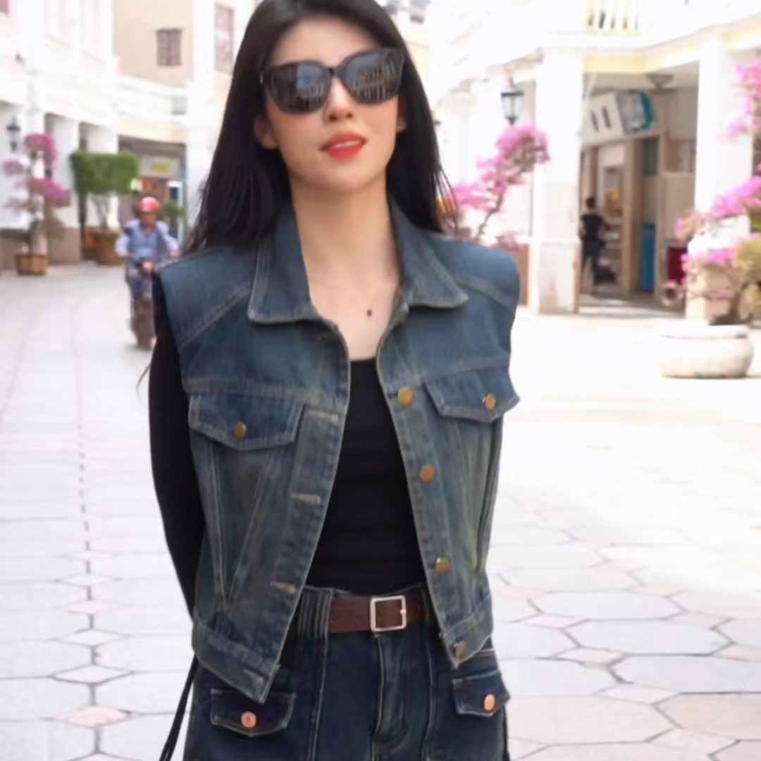 新款做旧设计水洗牛仔无袖上衣复古流浪丹宁百搭上衣女外套769