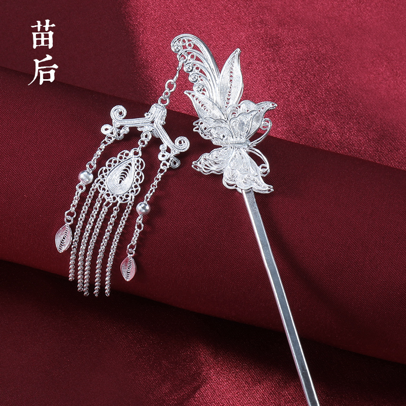 足银银制品 足银花丝双面蝴蝶流苏素款发簪y-古风国风簪子复古