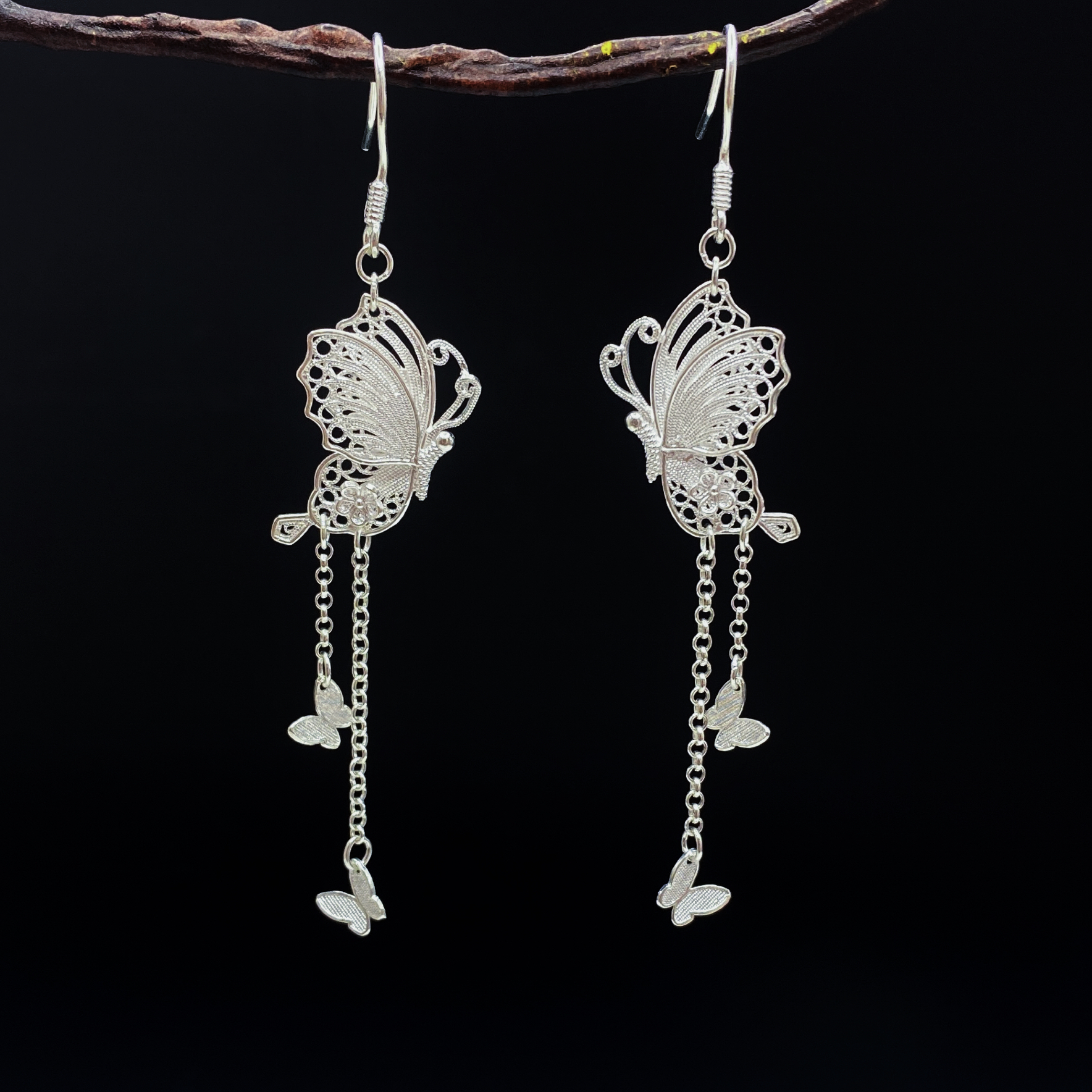 足银耳饰 足银  花丝翩翩起舞蝴蝶耳环