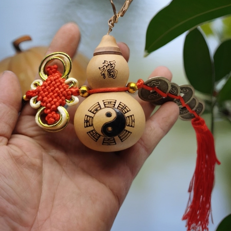 天然小葫芦五帝钱挂件梨木开口