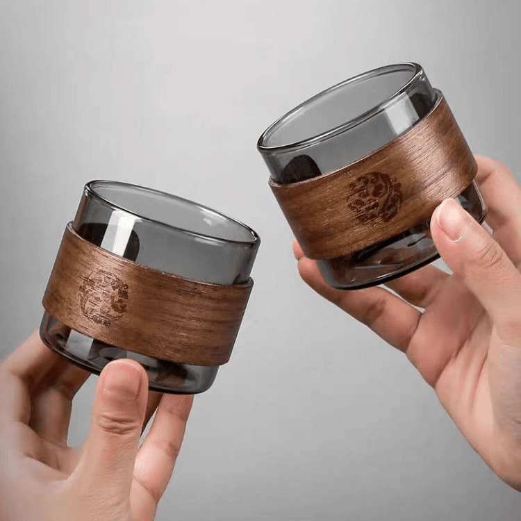 （两只装）耐热玻璃主人杯茶杯家用小杯子带防烫木片杯子   