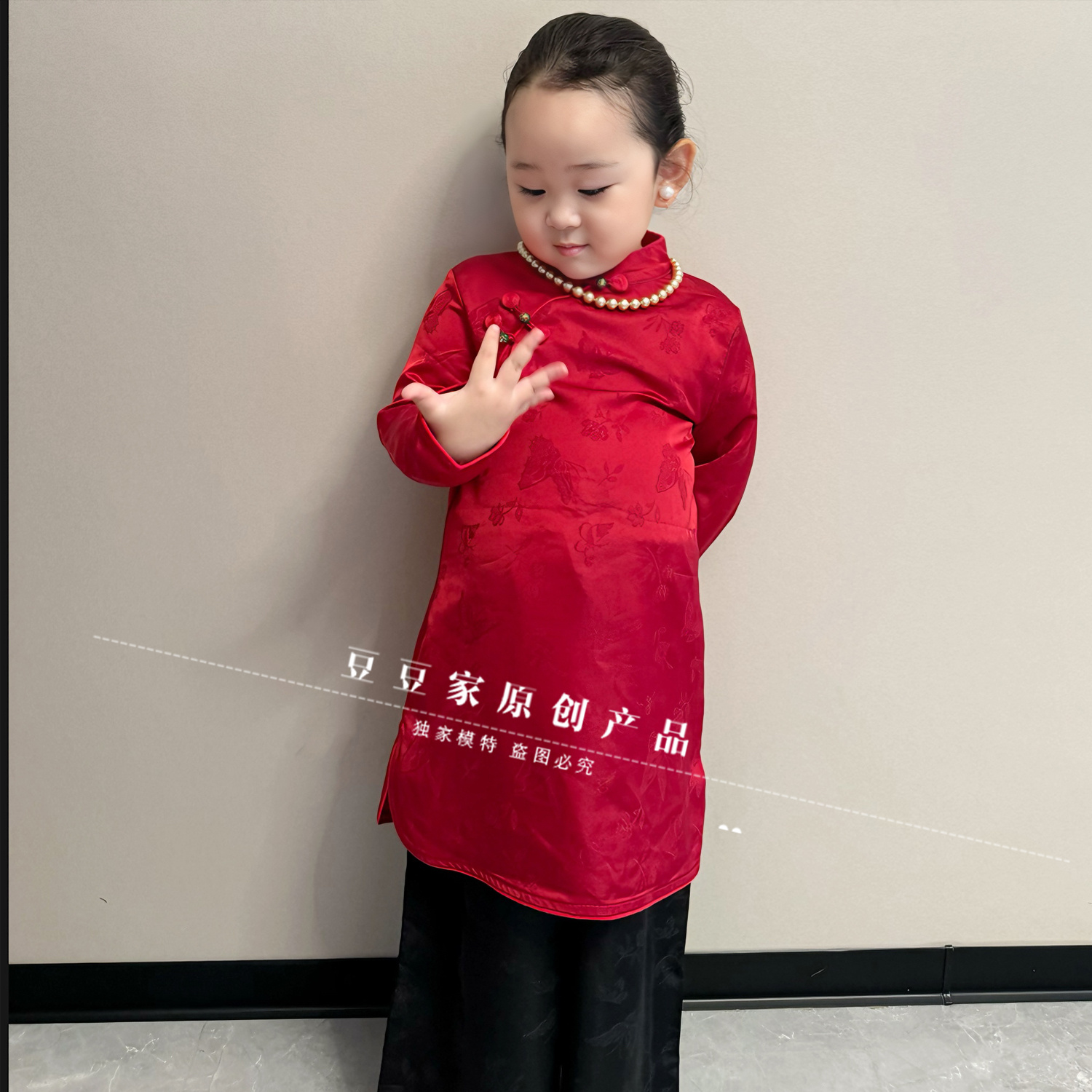 女童旗袍安哥拉红提花秋冬长袖小女孩旗袍裙古风改良连衣裙演出服