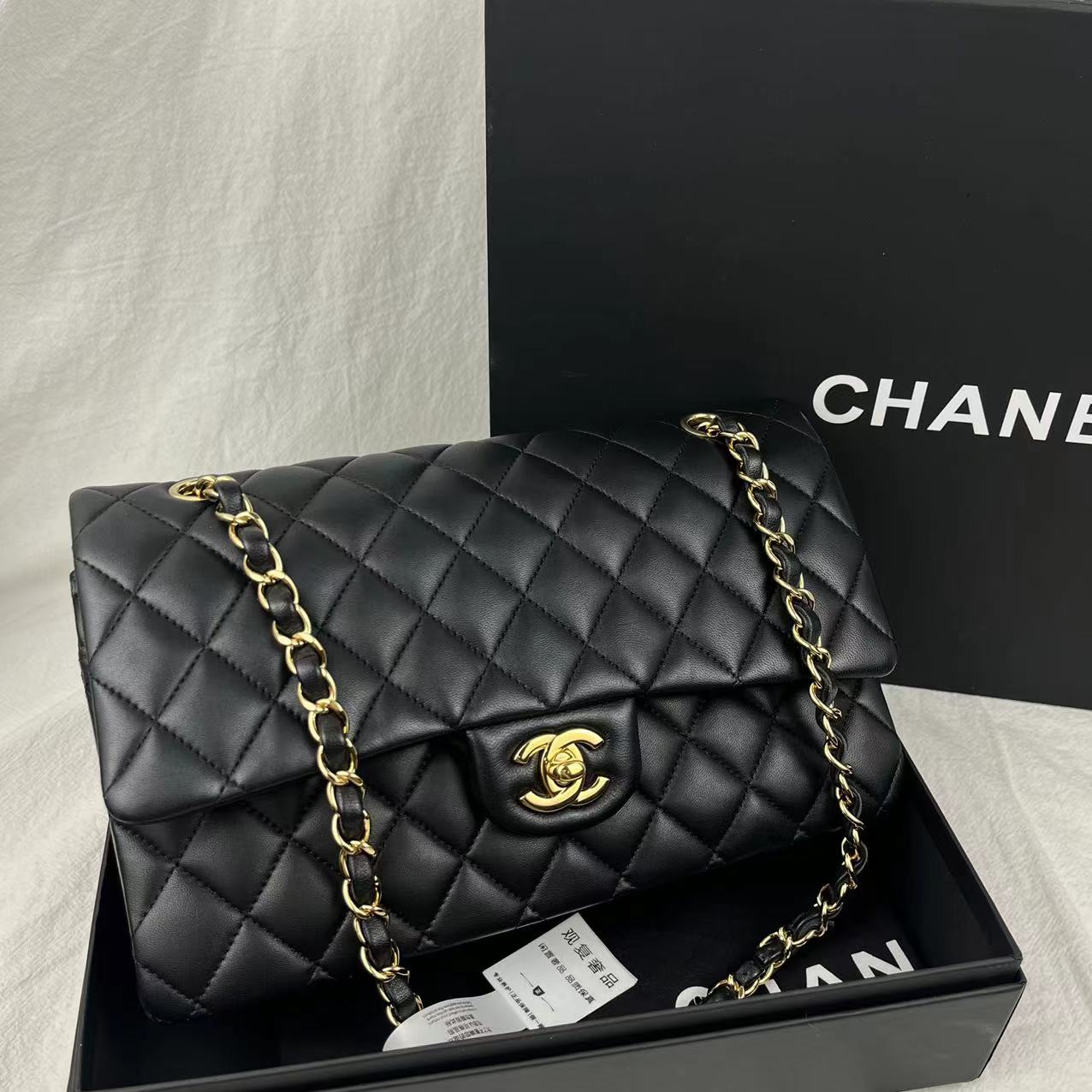95新 Chanel/香奈儿 cf中号 黑金羊 双盖 红内 单肩包